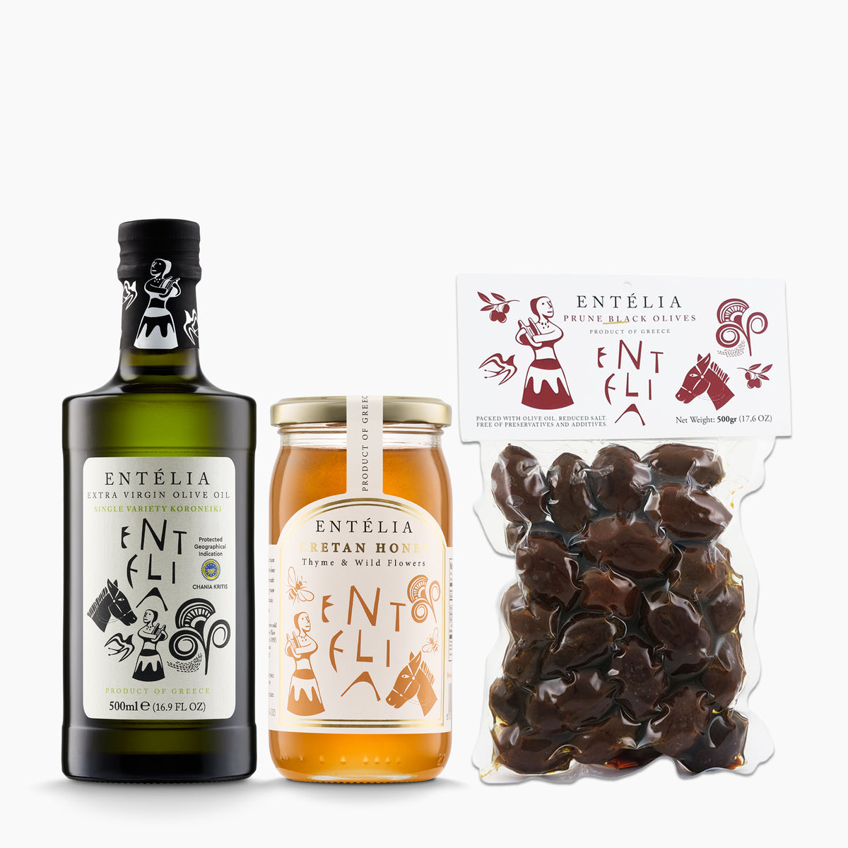 Entelia Kitchen Pack set with extra virgin olive oil, Cretan Honey, and Prune Black Olives.