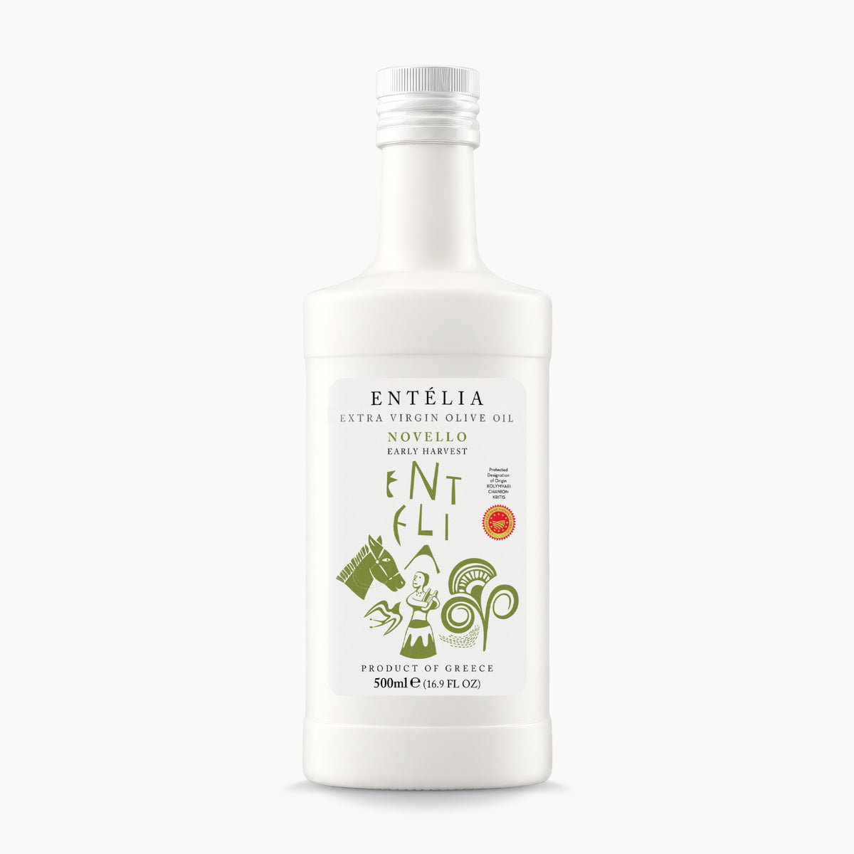 Entelia Novello 500ml extra virgin olive oil bottle.