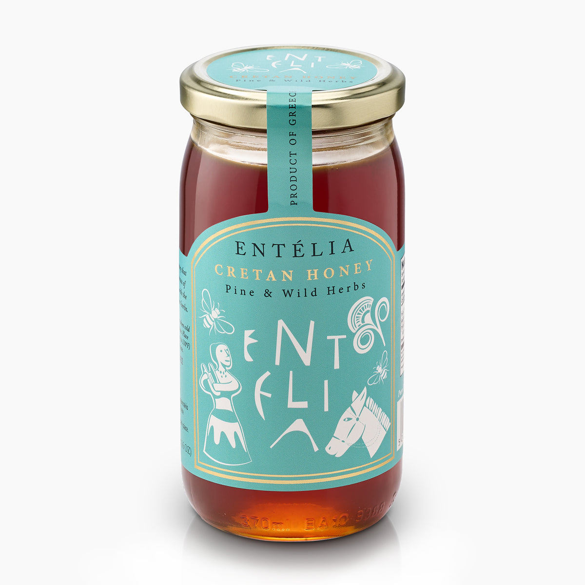 Angled view of 450g jar of Entelia Pine & Wild Herbs Cretan Honey from Greece.