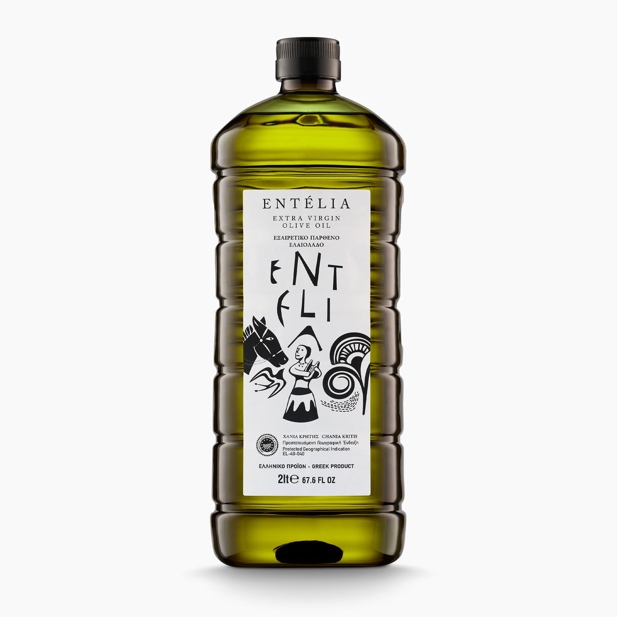 2L PET bottle of Entelia extra virgin olive oil from Crete, Greece.
