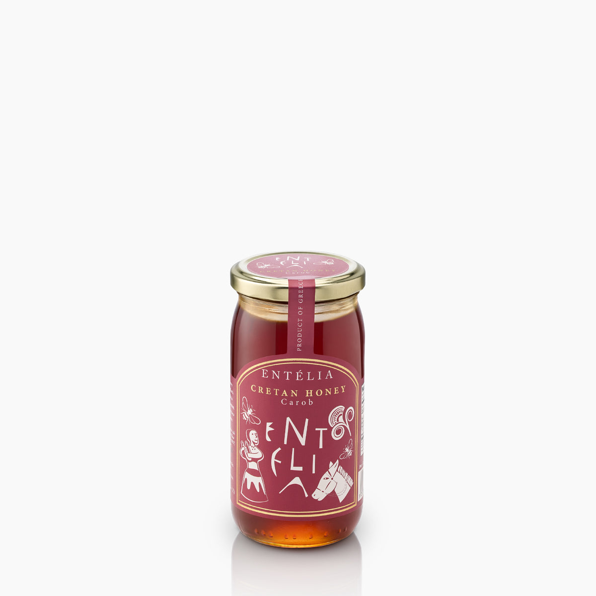 Angled view of 450g jar of Entelia Carob Cretan Honey from Greece.