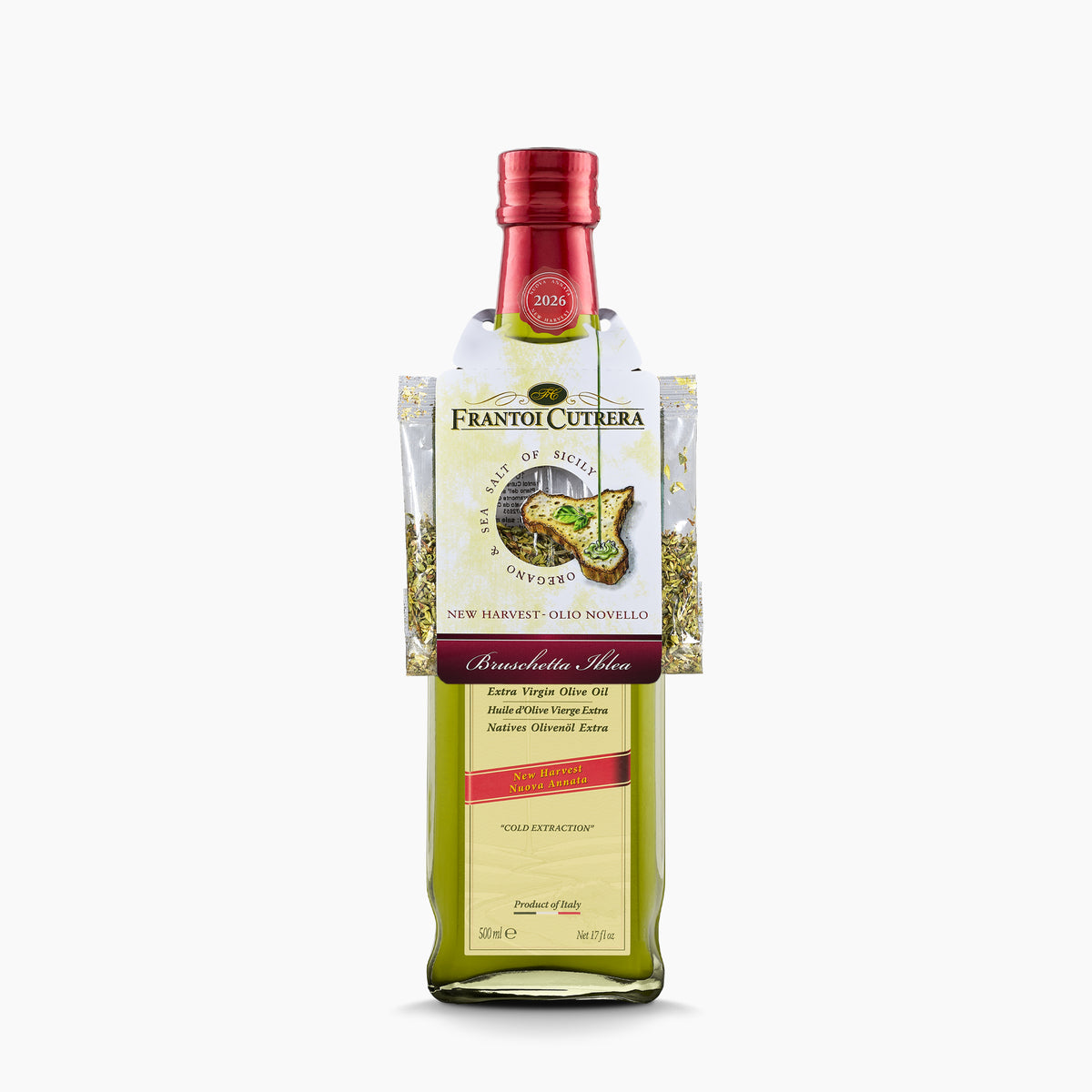 Frantoi Cutrera Frescolio Novello 500ml bottle with Sicilian sea salt and oregano packets.