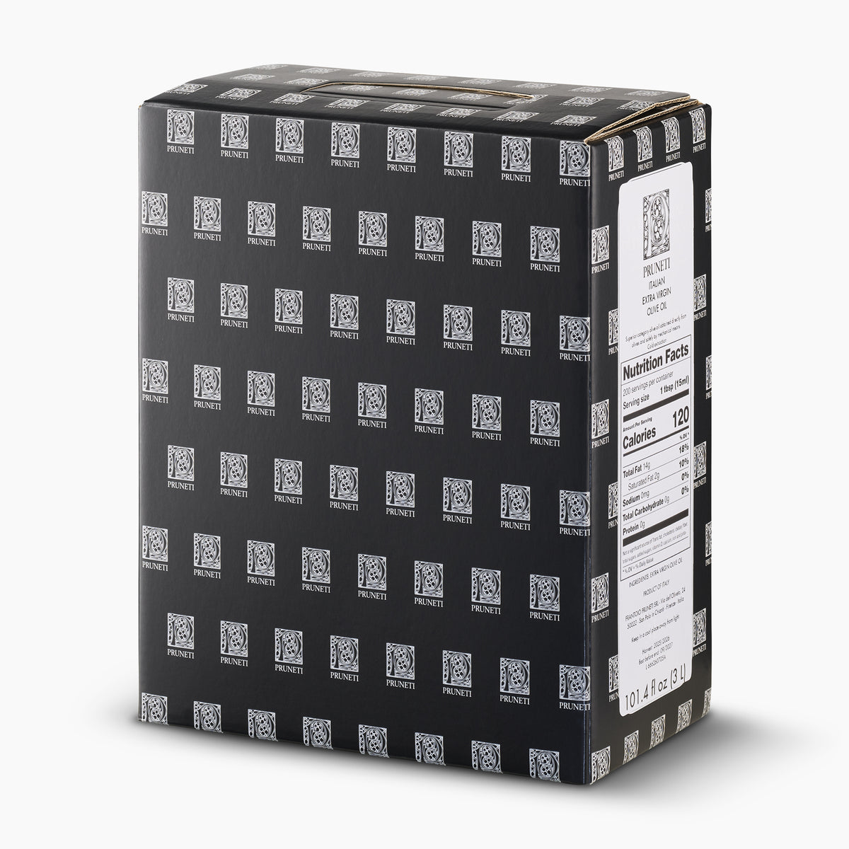 Angled view of Pruneti Intenso 3L Bag-In-Box extra virgin olive oil.