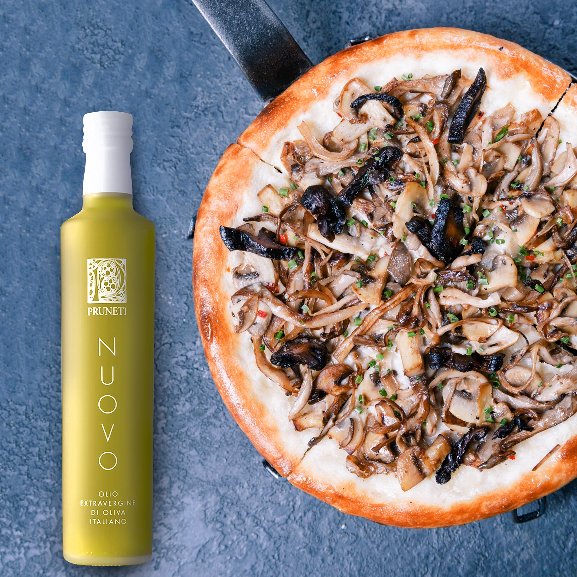 A 500 ml bottle of Frantoio Pruneti Olio Nuovo, partially filtered extra virgin novello olive oil.