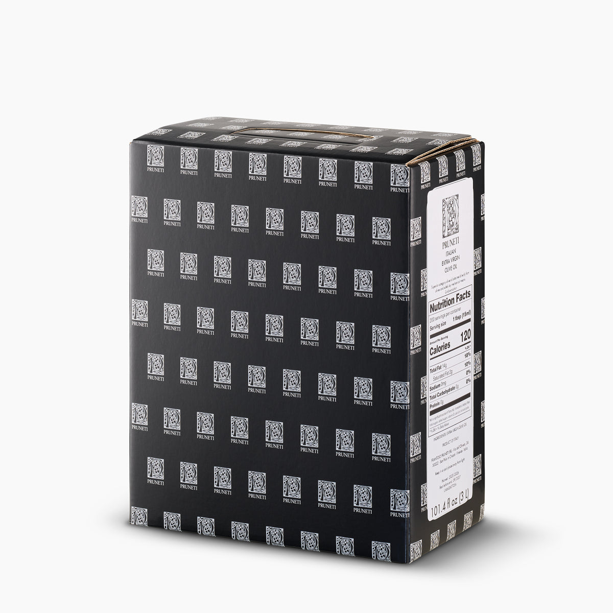 Angled view of Pruneti Intenso 3L Bag-In-Box extra virgin olive oil.