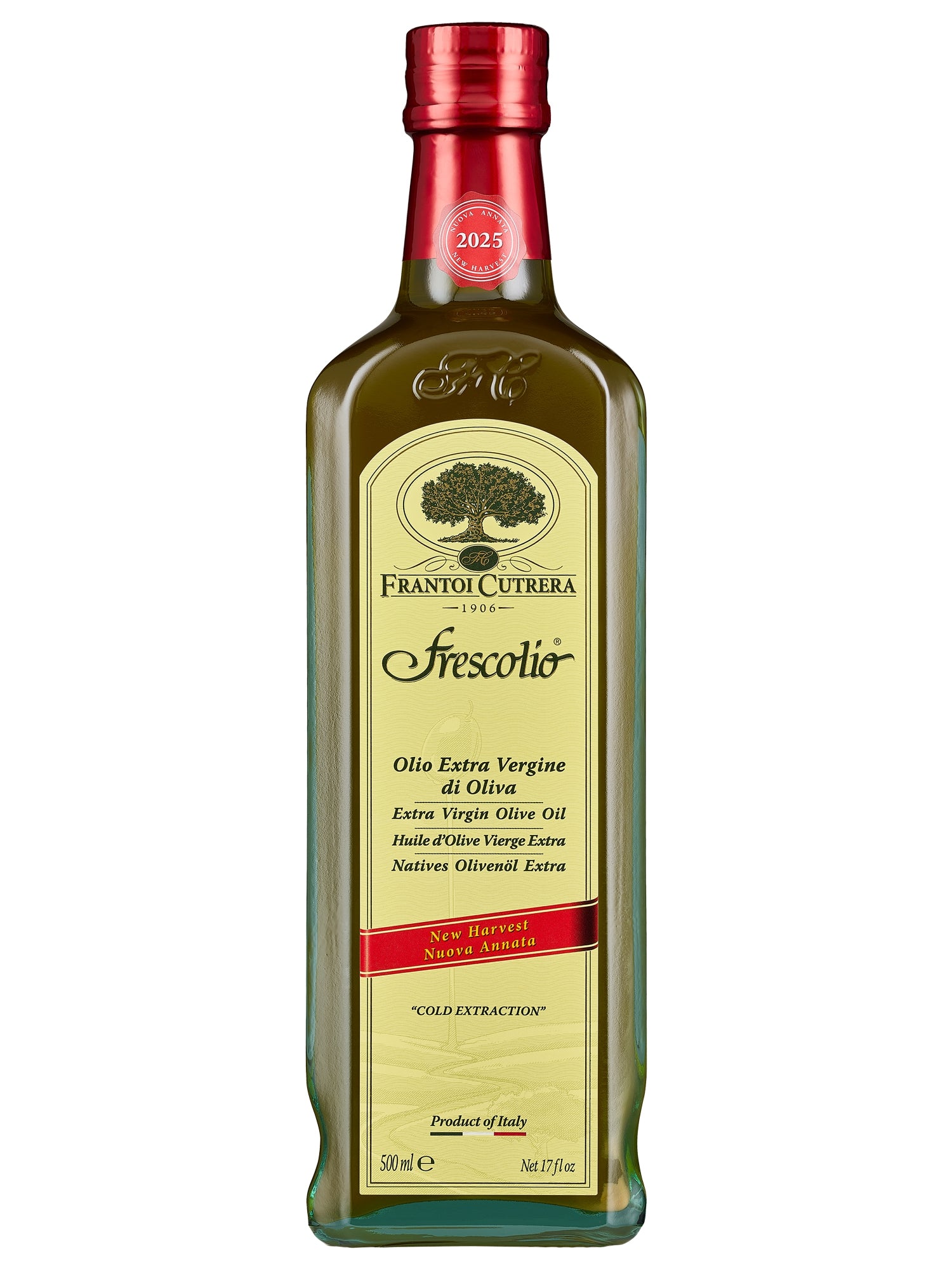A 500 ml bottle of Frantoi Cutrera Frescolio Novello with spice pack. Extra virgin olive oil from green Moresca and Biancolilla olives.