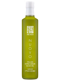 A 500 ml bottle of Frantoio Pruneti Olio Nuovo, partially filtered extra virgin novello olive oil.