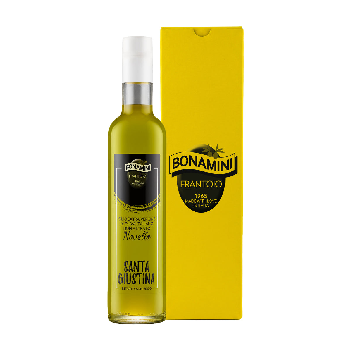 Bonamini Santa Giustina Novello 500 ml extra virgin olive oil bottle and its gift box.