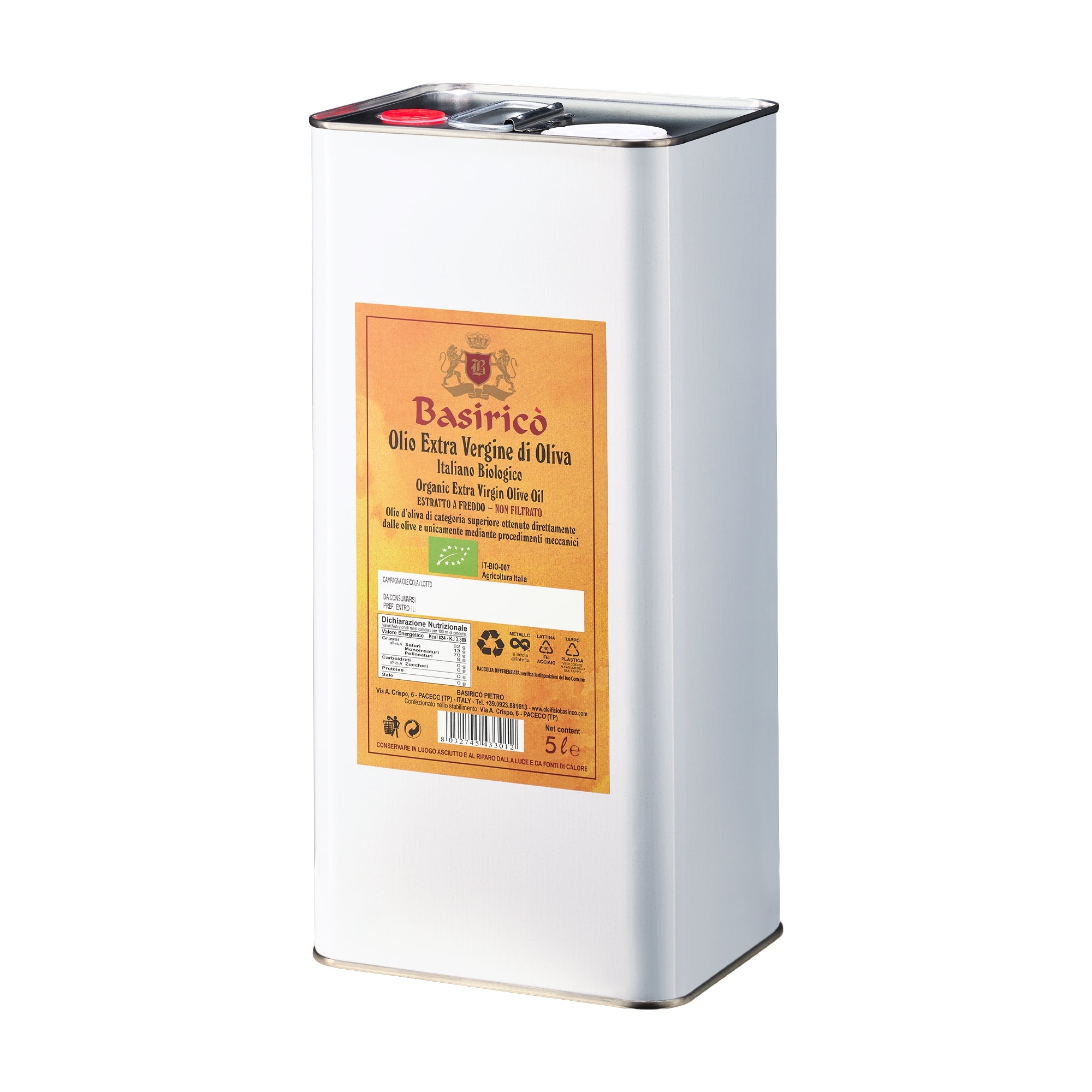 Basirico Organic Unfiltered 5L Tin