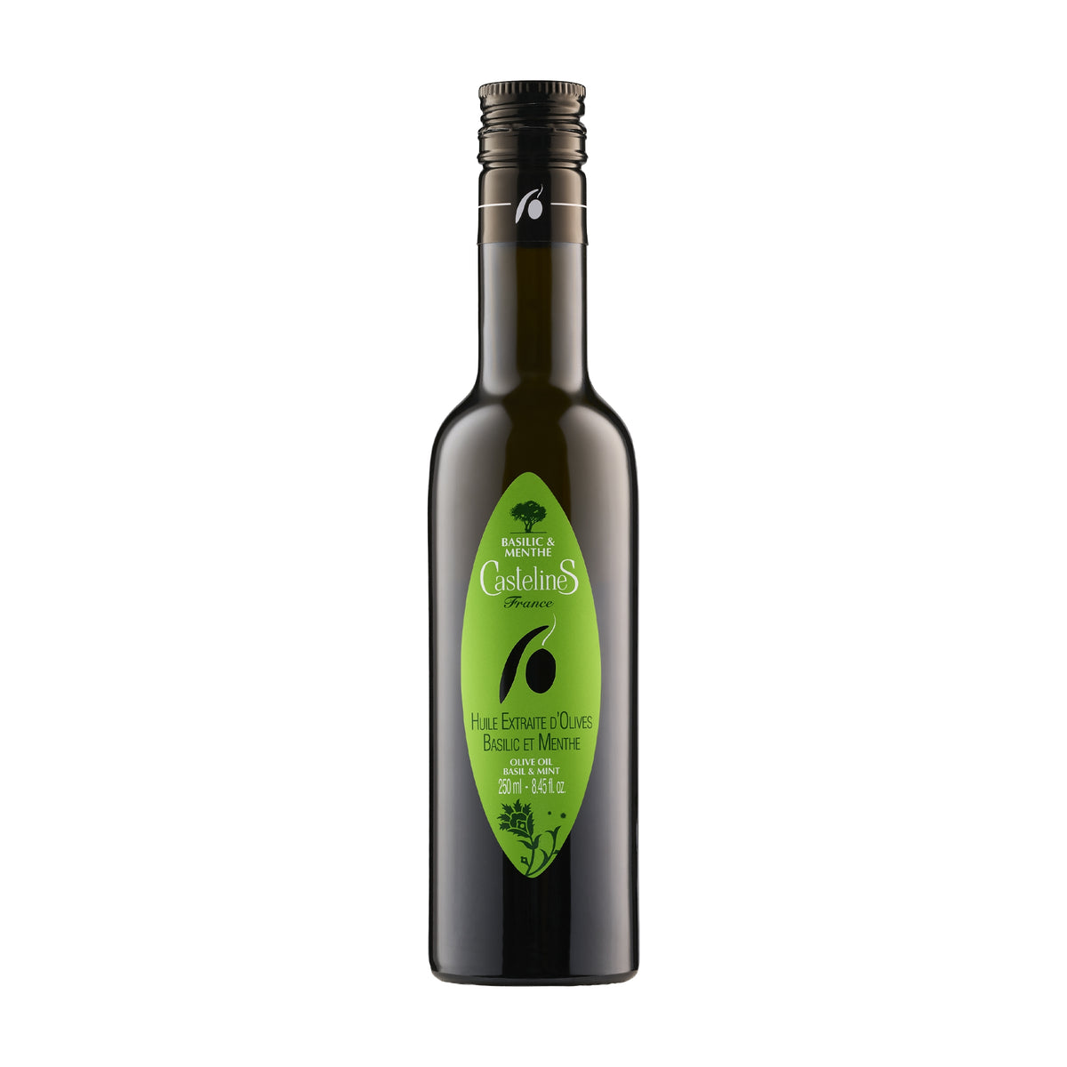 250 ml bottle of Castelines Basil & Mint Olive Oil from Provence, France.