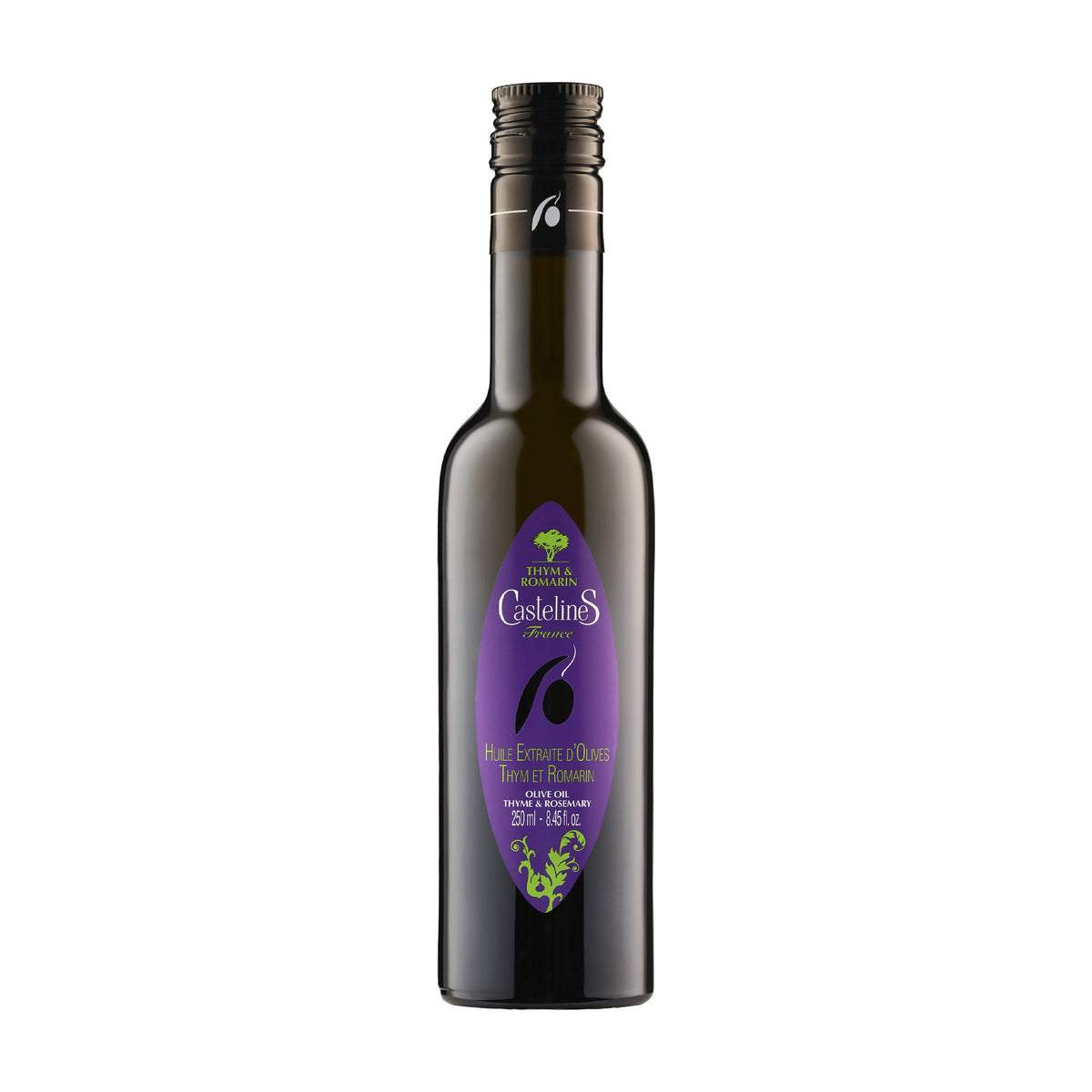 250 ml bottle of Castelines Thyme & Rosemary Olive Oil from France.