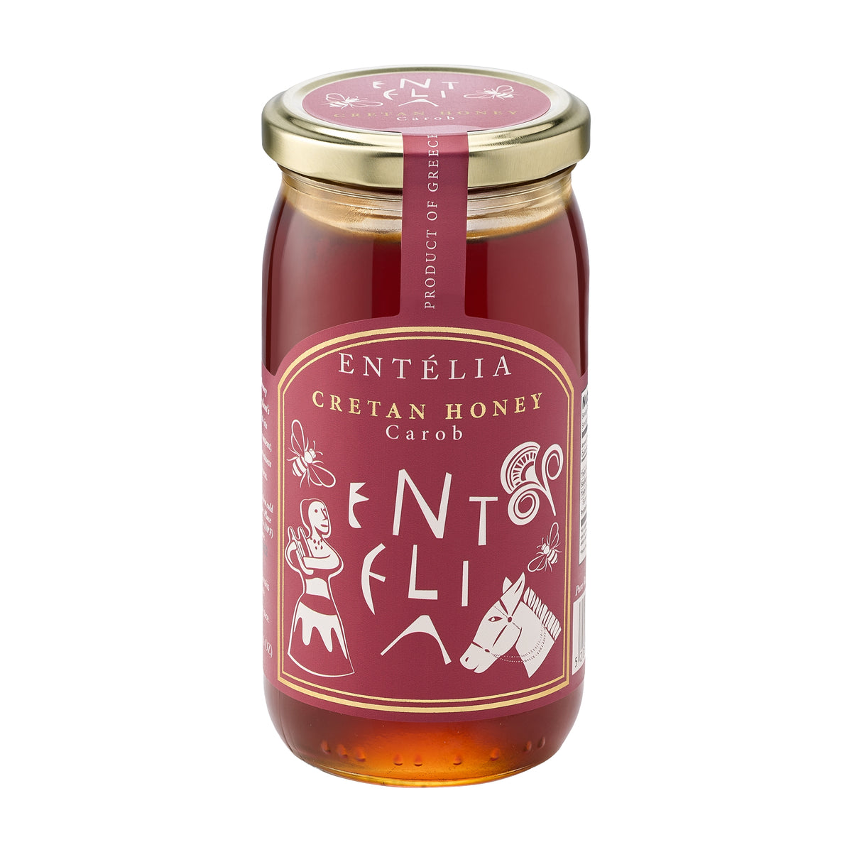 Angled view of 450g jar of Entelia Carob Cretan Honey from Greece.