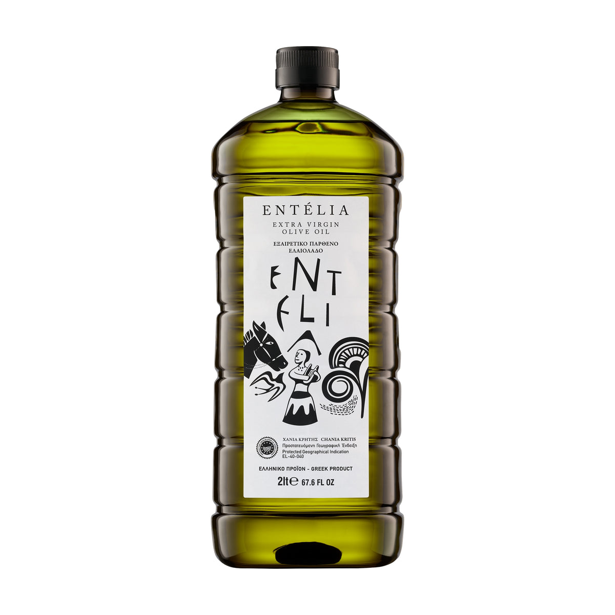 2L PET bottle of Entelia extra virgin olive oil from Crete, Greece.