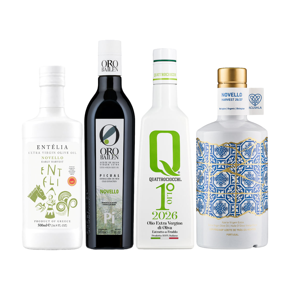 Four Mediterranean early harvest extra virgin olive oils from Entelia, Oro Bailen, Quattrociocchi, and Acushla.