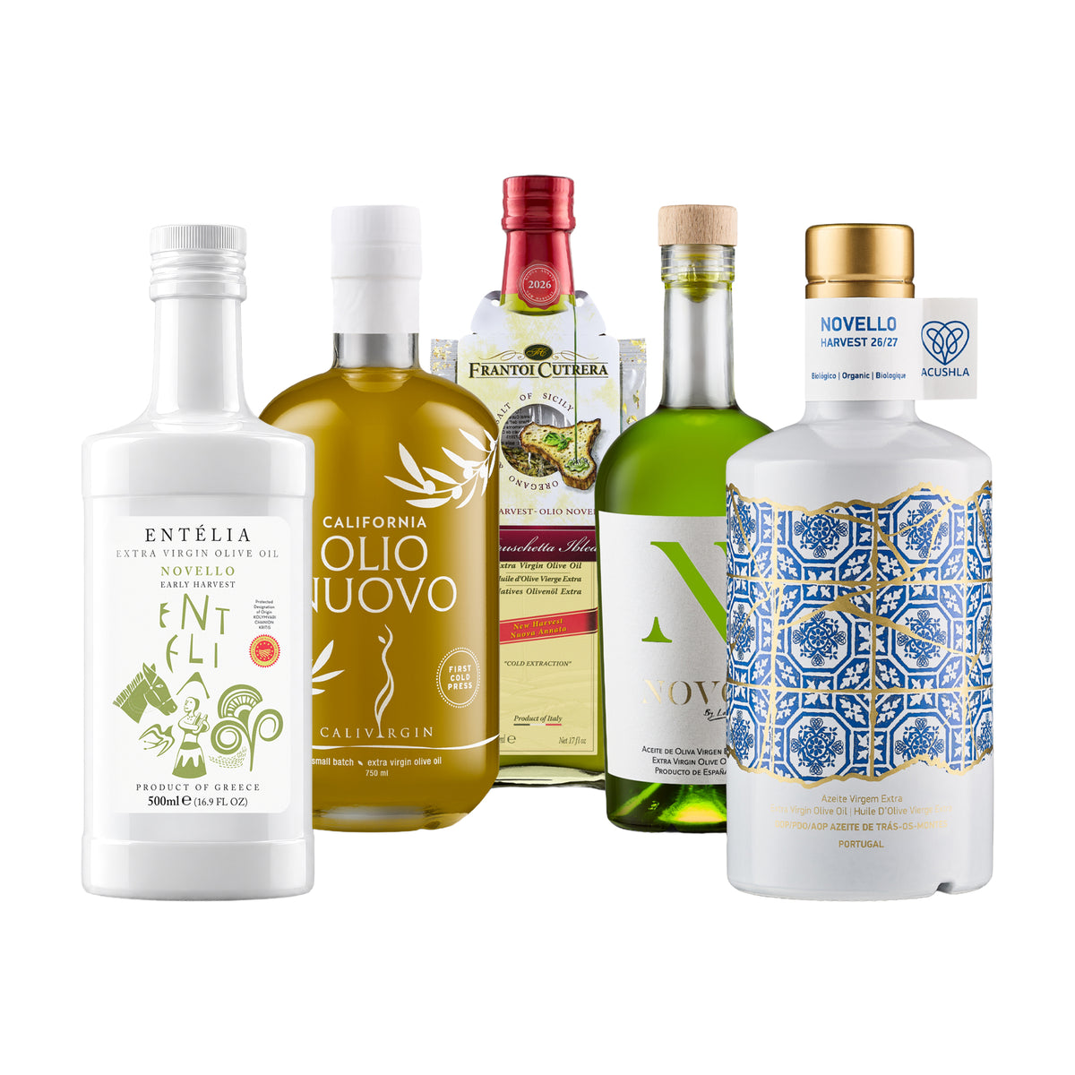 Five early harvest extra virgin olive oils from Entelia, Calivirgin, Frantoi Cutrera, Nobleza del Sur, and Acushla.