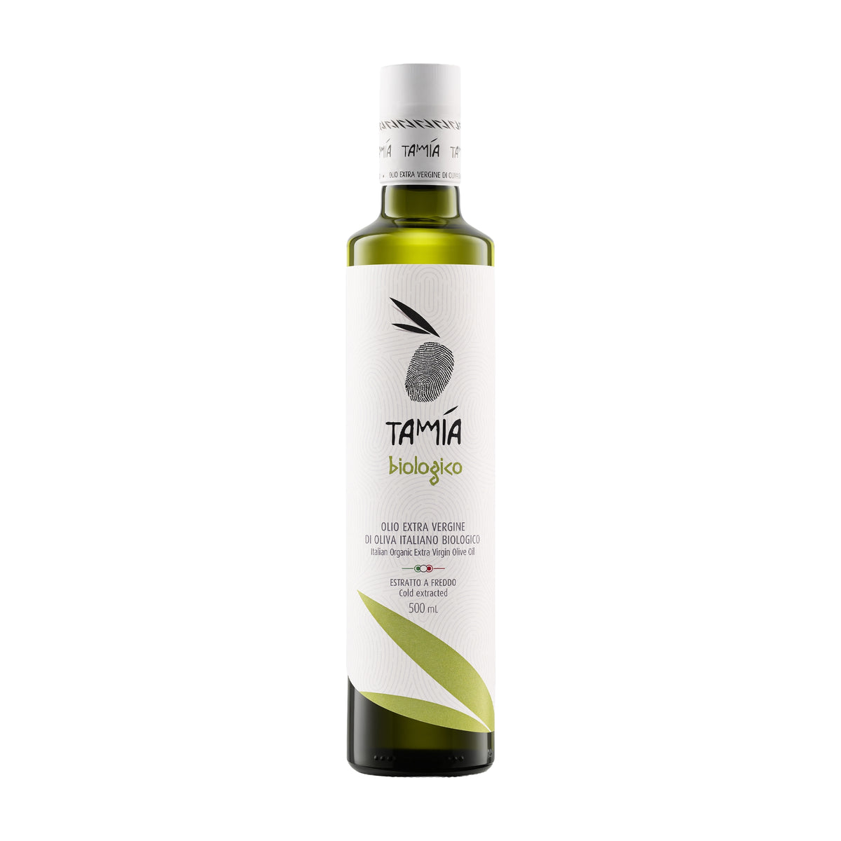 500 ml bottle of Tamia Organic extra virgin olive oil from Lazio, Italy.