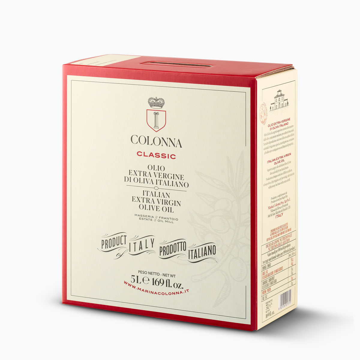 Angled view of Colonna Classic 5L Bag-in-Box extra virgin olive oil.
