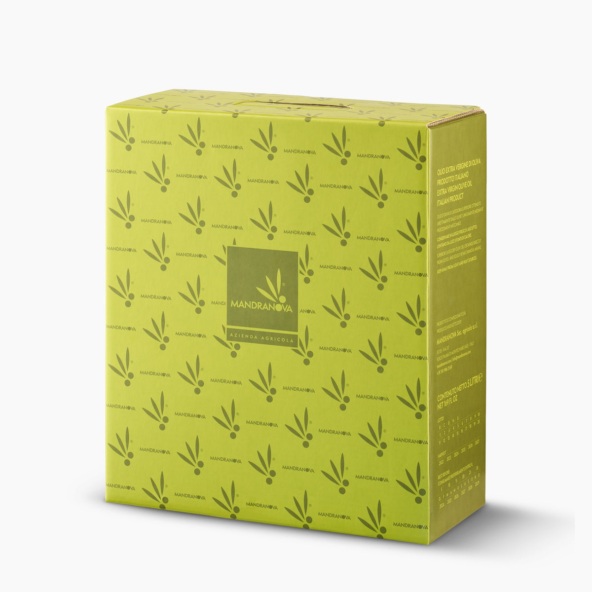 Angled view of a 5L bag-in-box of Mandranova Nocellara extra virgin olive oil.