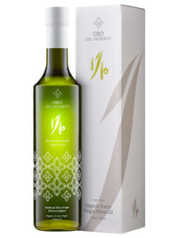 500 ml bottle and gift box of Oro del Desierto 1/10 Novello organic extra virgin olive oil.