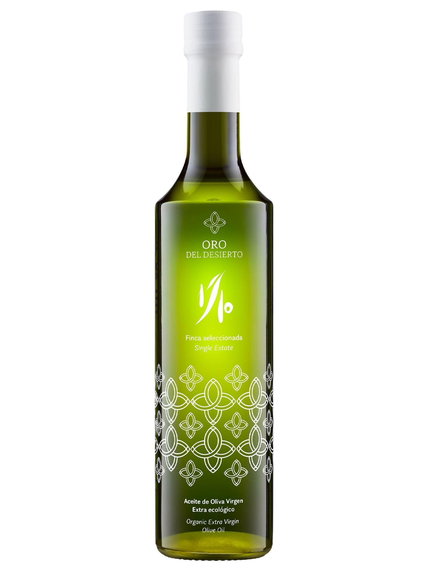 500 ml bottle and gift box of Oro del Desierto 1/10 Novello organic extra virgin olive oil.