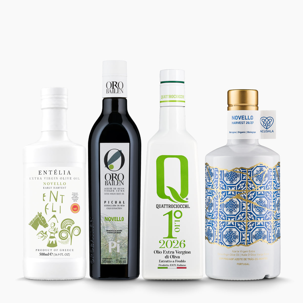 Four Mediterranean early harvest extra virgin olive oils from Entelia, Oro Bailen, Quattrociocchi, and Acushla.