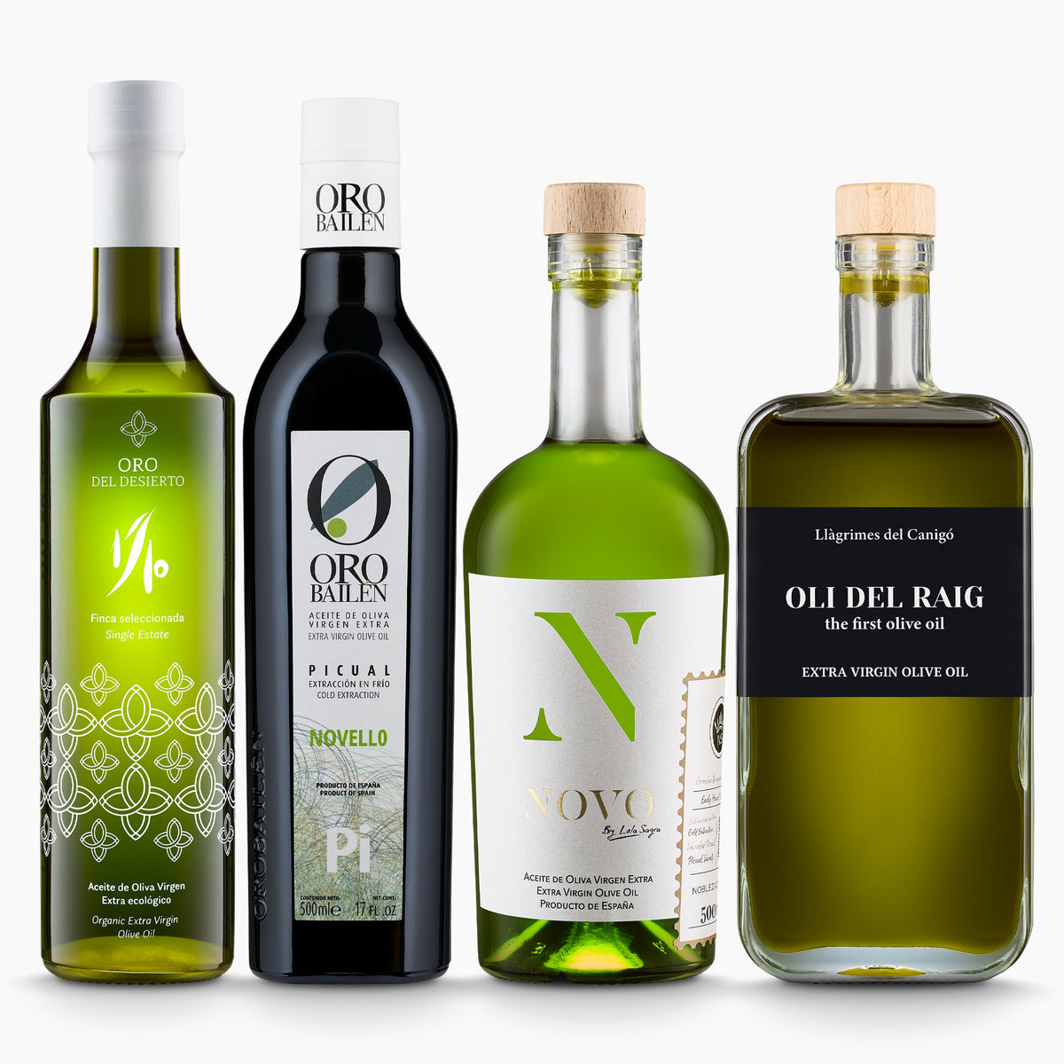 Four Spanish early harvest extra virgin olive oils from Oro Bailen, Oro del Desierto, Nobleza del Sur, and Llagrimes del Canigo.