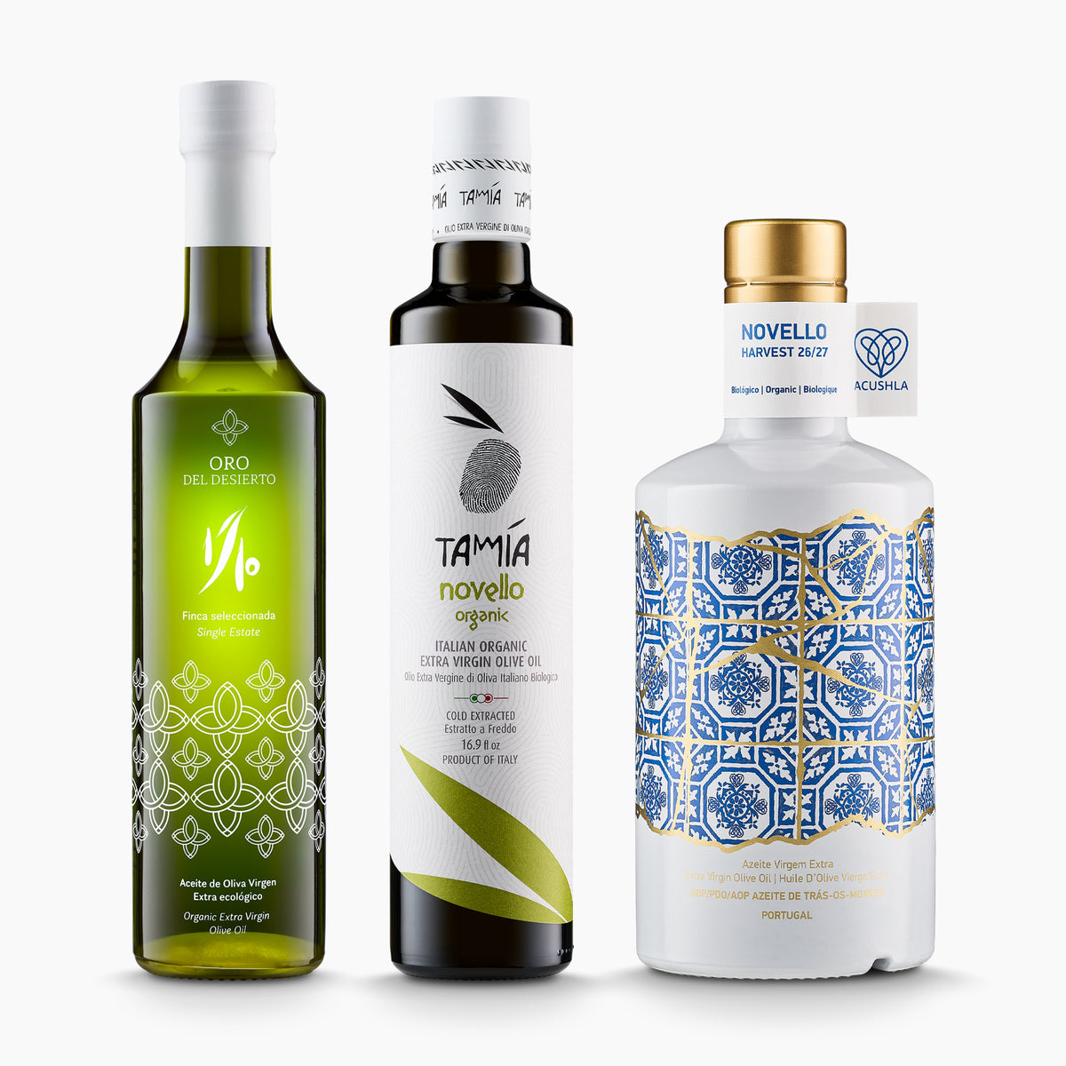 Three 500ml bottles of Organic early harvest extra virgin olive oils from Oro del Desierto, Tamia, and Acushla.
