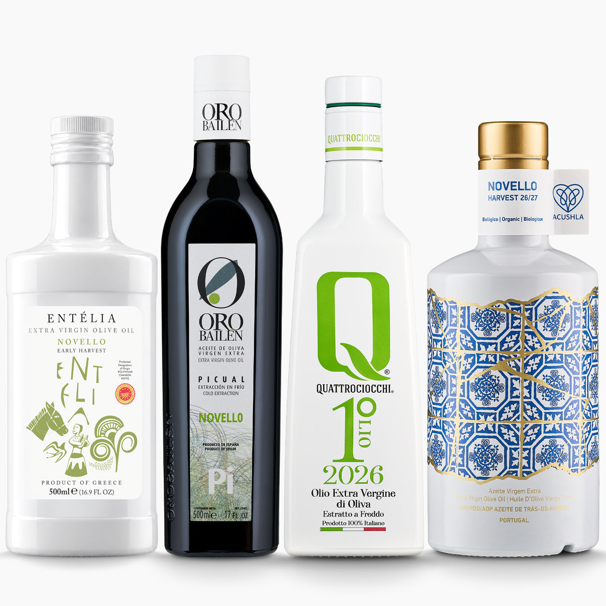 Four Mediterranean early harvest extra virgin olive oils from Entelia, Oro Bailen, Quattrociocchi, and Acushla.