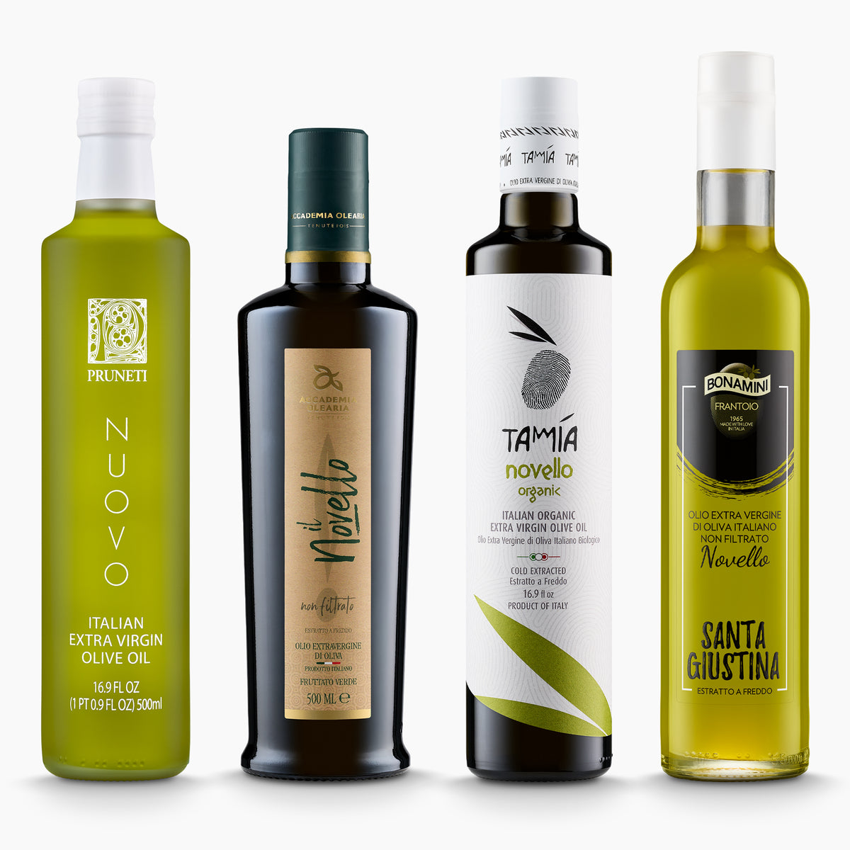 Four Italian early harvest extra virgin olive oils from Frantoio Pruneti, Accademia Olearia, Tamia, and Frantoio Bonamini.