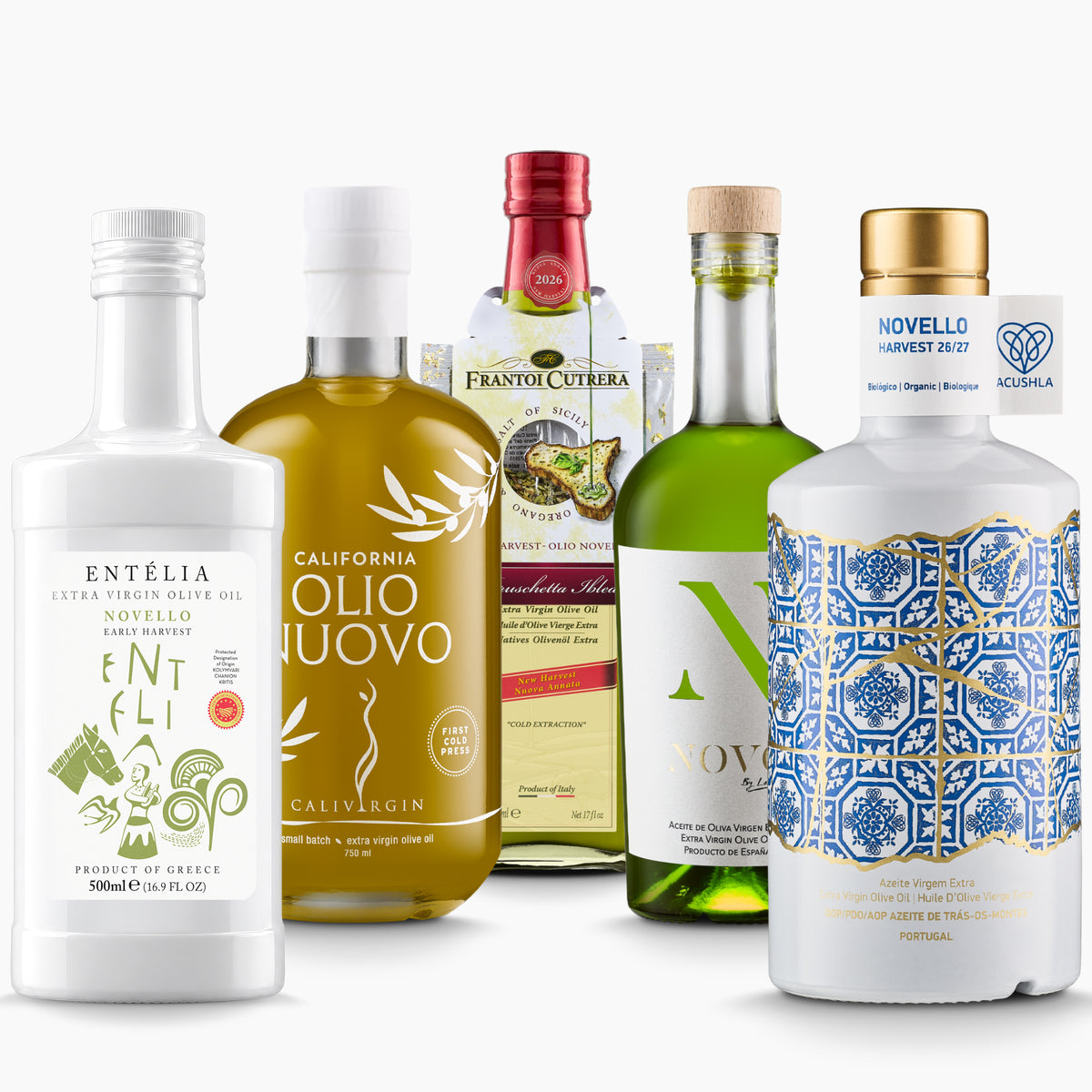 Five early harvest extra virgin olive oils from Entelia, Calivirgin, Frantoi Cutrera, Nobleza del Sur, and Acushla.