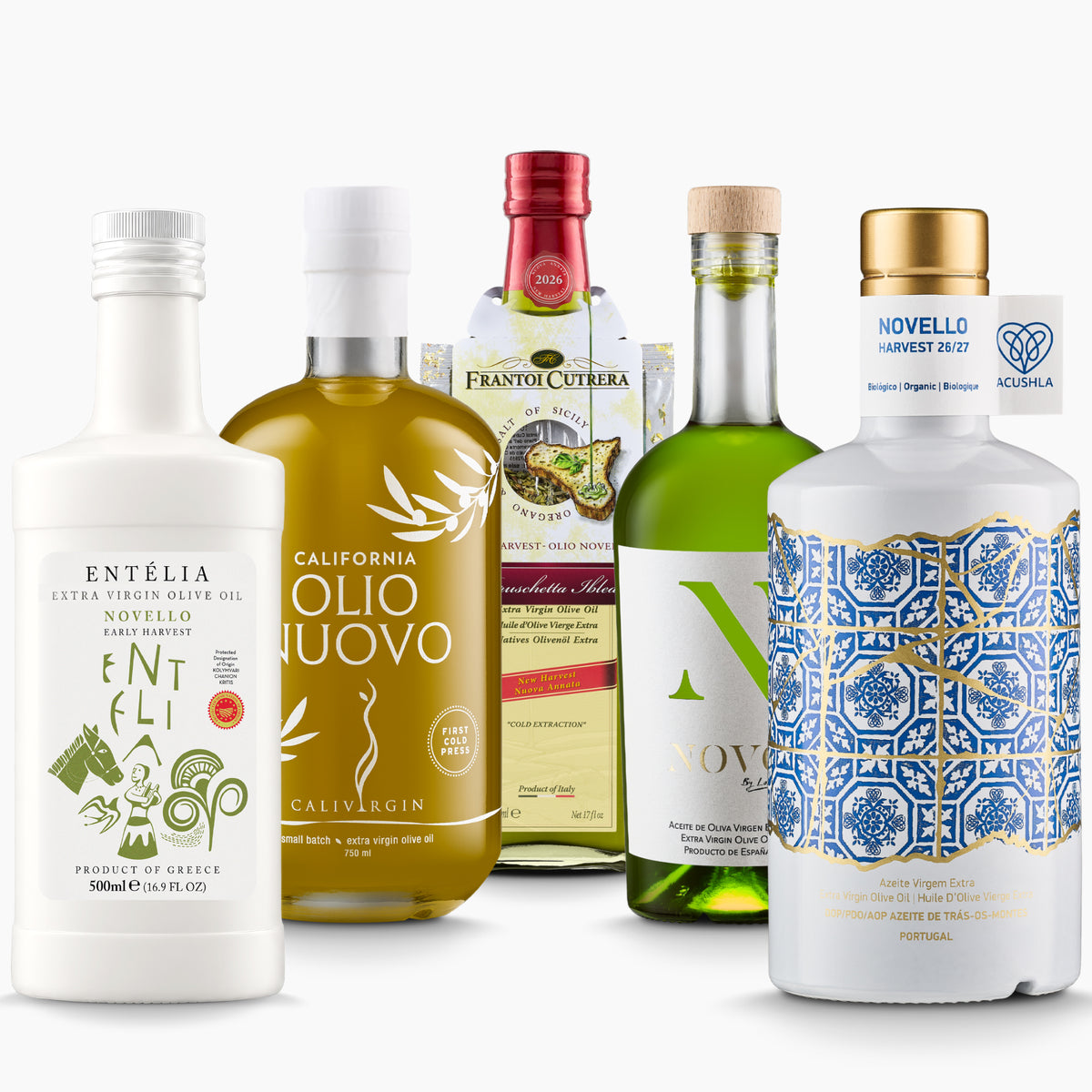Five early harvest extra virgin olive oils from Entelia, Calivirgin, Frantoi Cutrera, Nobleza del Sur, and Acushla.
