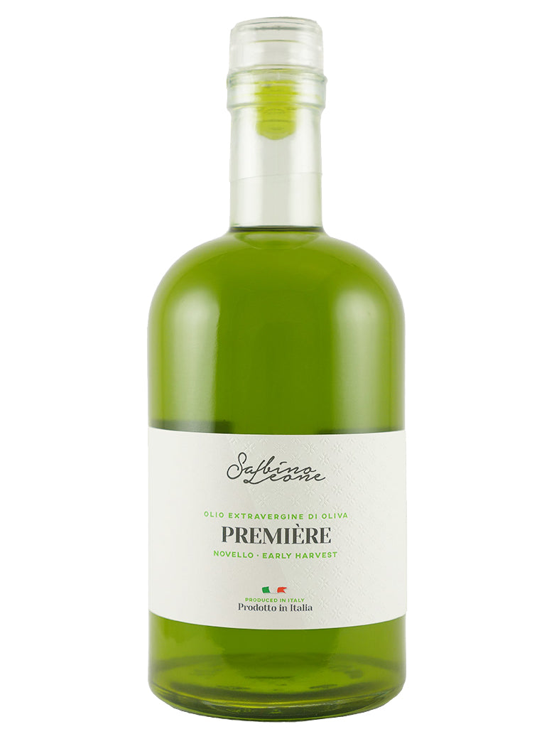 A 500 ml bottle of Sabino Leone Première extra virgin Novello olive oil from Puglia, Italy.