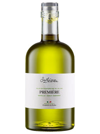 A 500 ml bottle of Sabino Leone Première extra virgin Novello olive oil from Puglia, Italy.