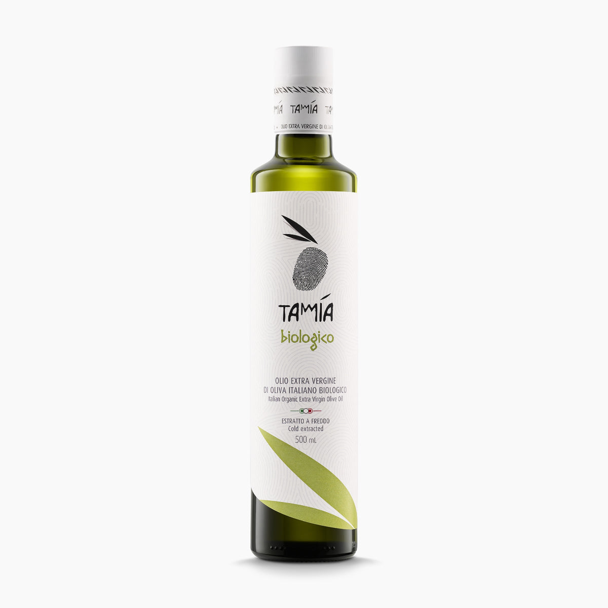 500 ml bottle of Tamia Organic extra virgin olive oil from Lazio, Italy.