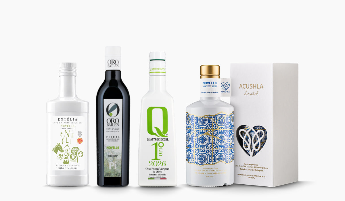 Four Mediterranean early harvest extra virgin olive oils from Entelia, Oro Bailen, Quattrociocchi, and Acushla.