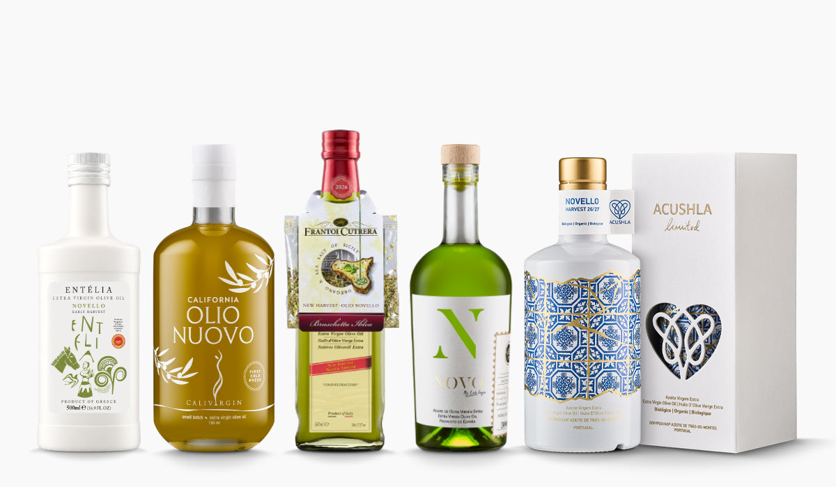 Five early harvest extra virgin olive oils from Entelia, Calivirgin, Frantoi Cutrera, Nobleza del Sur, and Acushla.