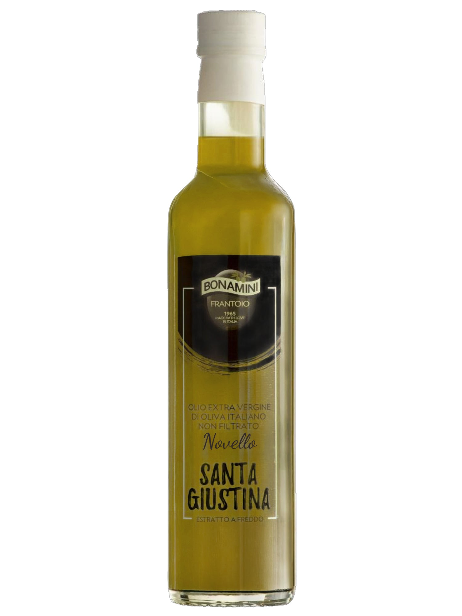 Bottle of Bonamini olive oil on a white background