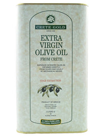 A 3 L tin of Crete Gold extra-virgin olive oil made from Koroneiki olives in Crete, Greece.