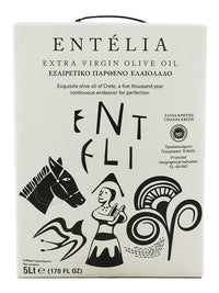 Front view of the Entelia 5L bag-in-box extra virgin olive oil from Crete, Greece
