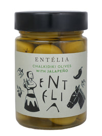 Jar of Entellia Chalkidiki Olives with Jalapeno